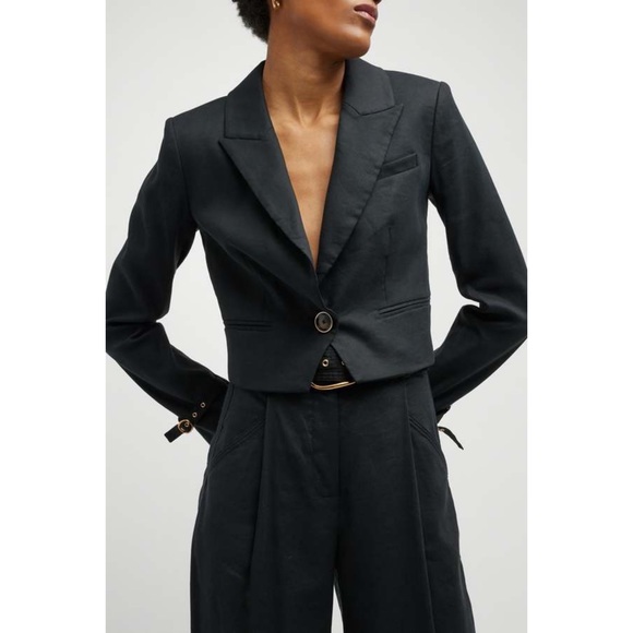 Veronica Beard Black Cropped Linen Blend Single Breast Jacket NWT Buckle Cuff - Picture 2 of 15